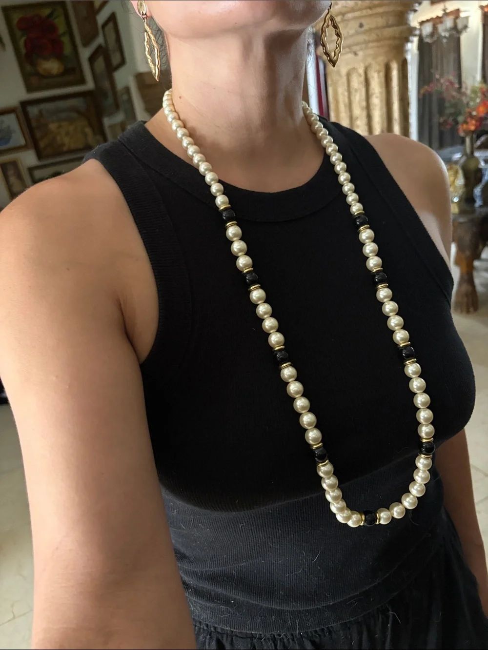 Napier Cream Faux Pearl and Black Bead Long Necklace